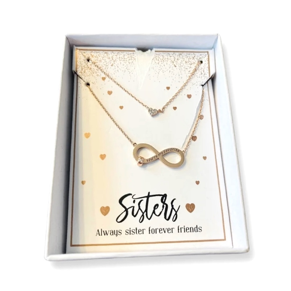 Rose gold toned “sisters” necklaces “always sister, forever friends” NIB